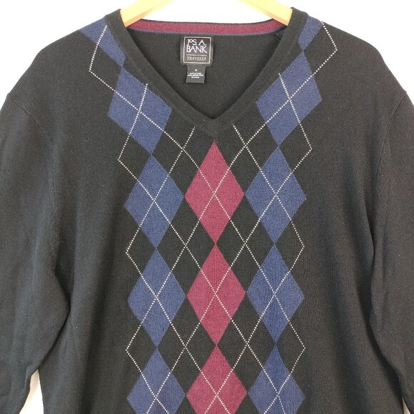 Jos A Bank Mens Argyle Sweater Size XL Black Red Merino Wool Traveler Academia - Picture 2 of 13